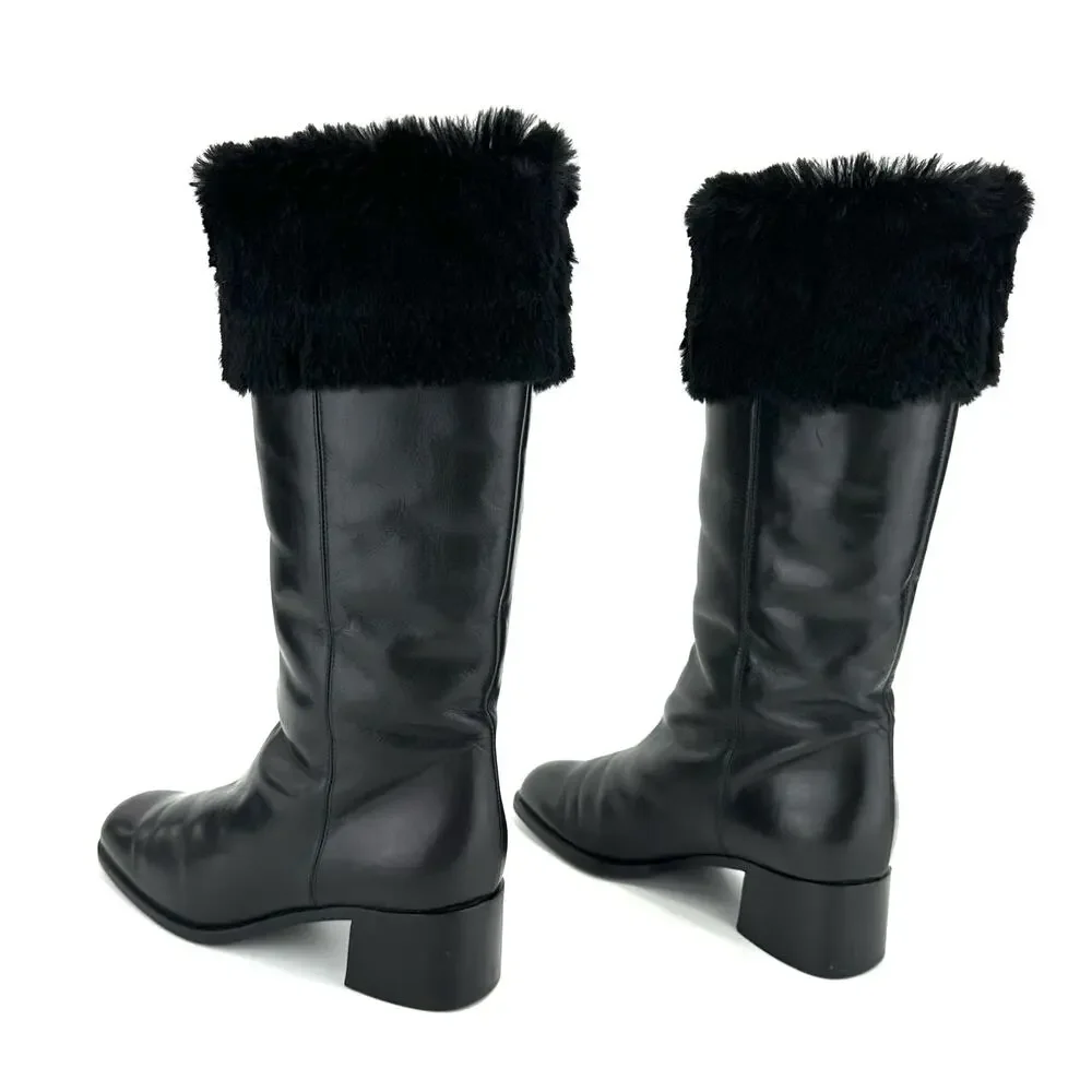 Bally Women Black Winter Knee High Boot Sz 36/5.5 Leather Foldable FurTrim Lined